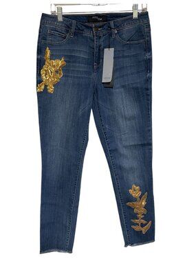 Stitch Star Womens Ankle Skinny Jeans Womens  6 Gold Floral Embroidery Raw Hem